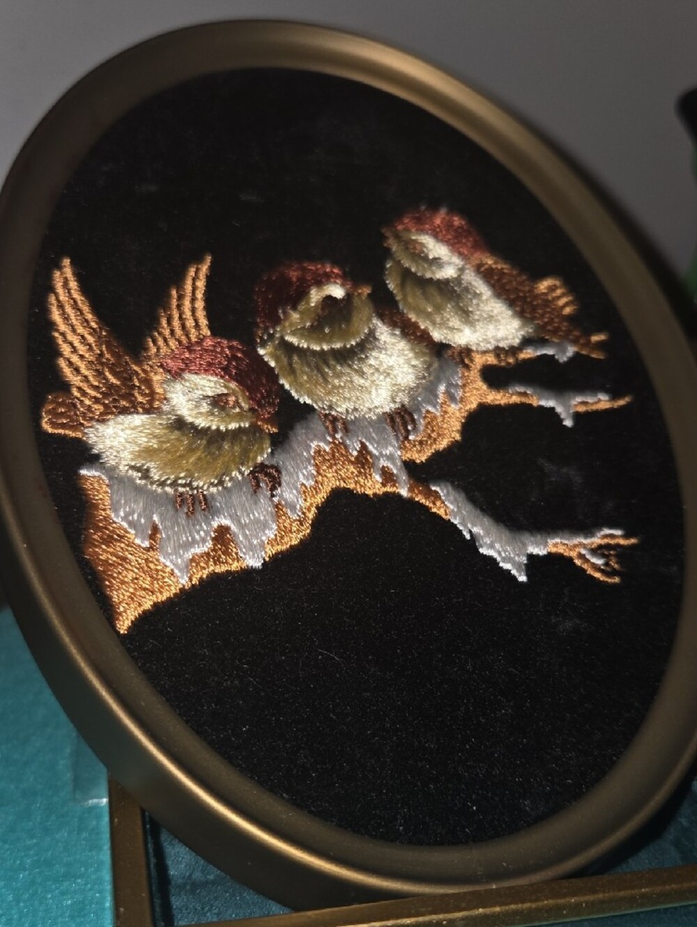 Embroidered Sparrow Trio Wall Art - Brown and Cream - Picture 3 of 4